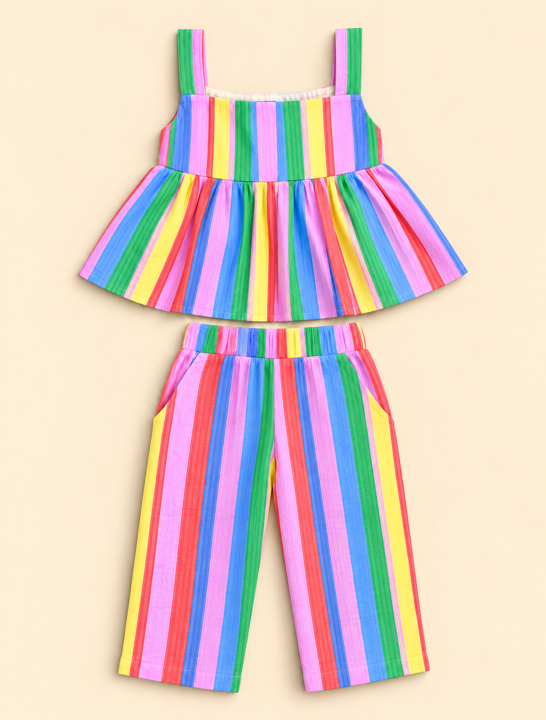 Girls 100% Cotton Striped Peplum Top and Pant Co-Ord Set - Rainbow Stripes