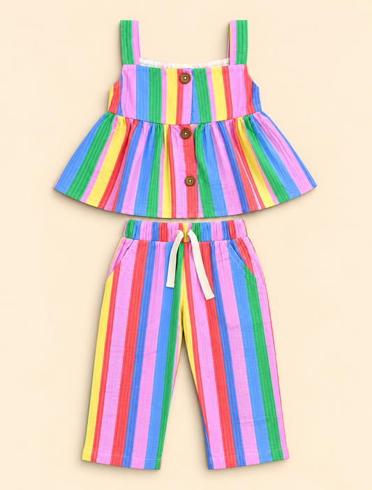 Girls 100% Cotton Striped Peplum Top and Pant Co-Ord Set - Rainbow Stripes
