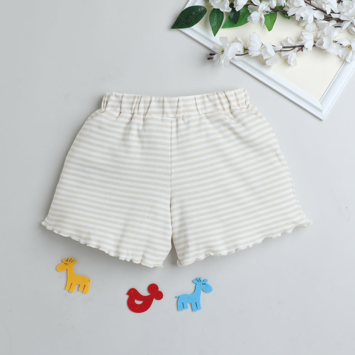 Beige & White Striped Cotton Shorts