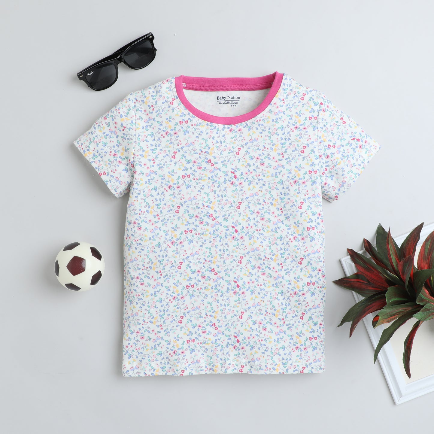 Girls Printed T-Shirt White – Floral Sprinkle Design