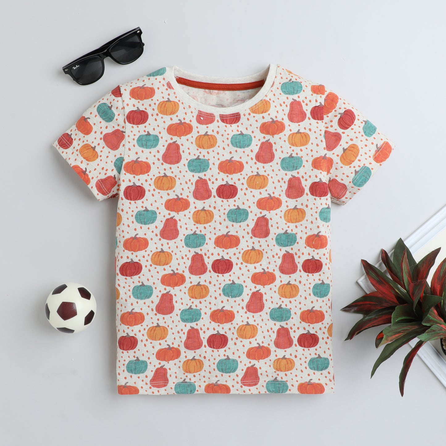 Kids Fruit Print T-Shirt – Beige with Colorful Pear & Pumpkin Design