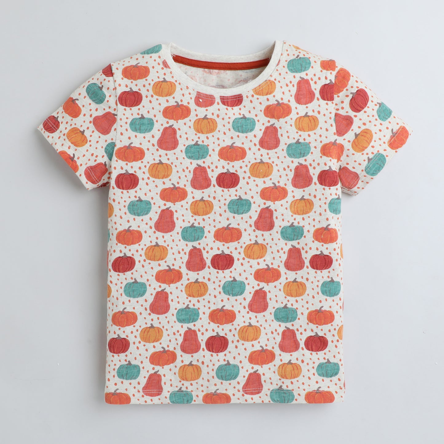 Kids Fruit Print T-Shirt – Beige with Colorful Pear & Pumpkin Design