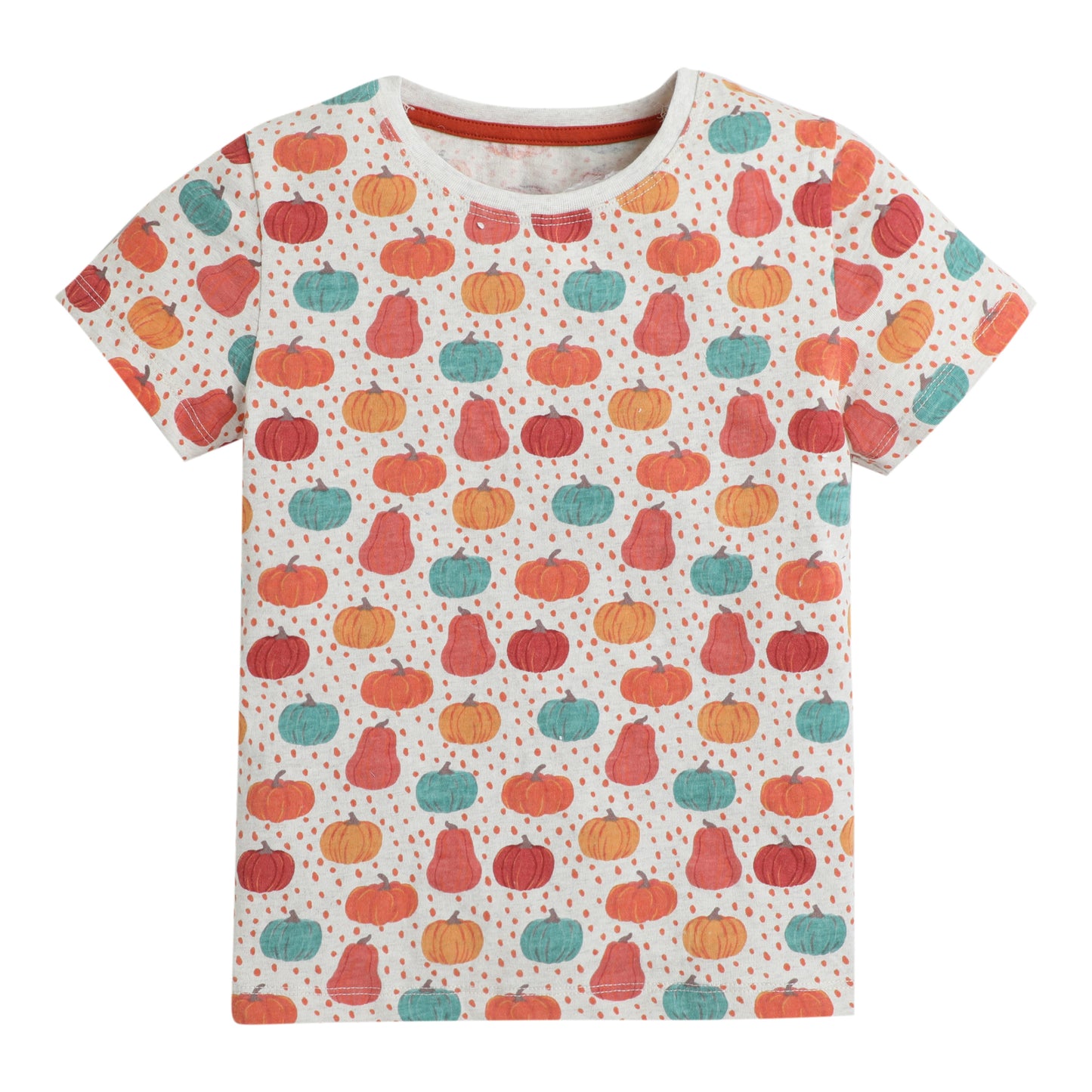Kids Fruit Print T-Shirt – Beige with Colorful Pear & Pumpkin Design