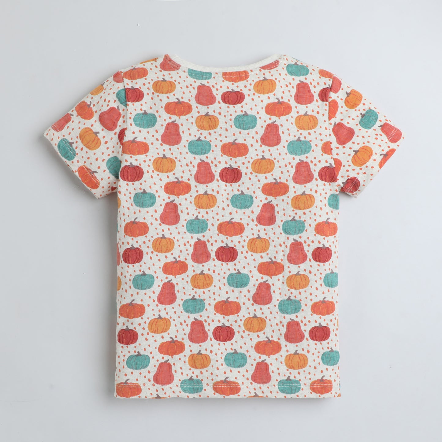 Kids Fruit Print T-Shirt – Beige with Colorful Pear & Pumpkin Design