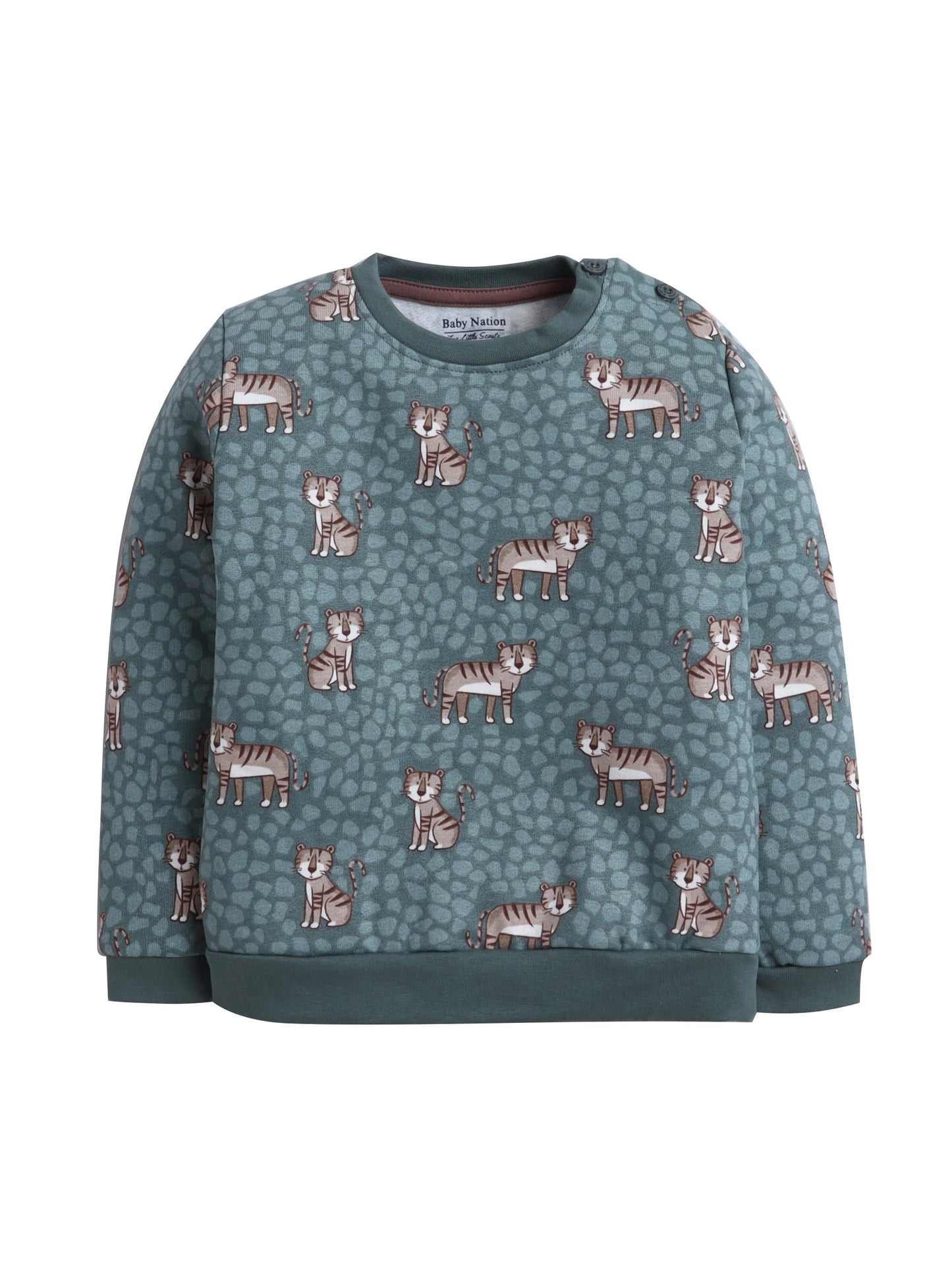 Unisex Kids Sweatshirt – Green with Cute Tiger Print