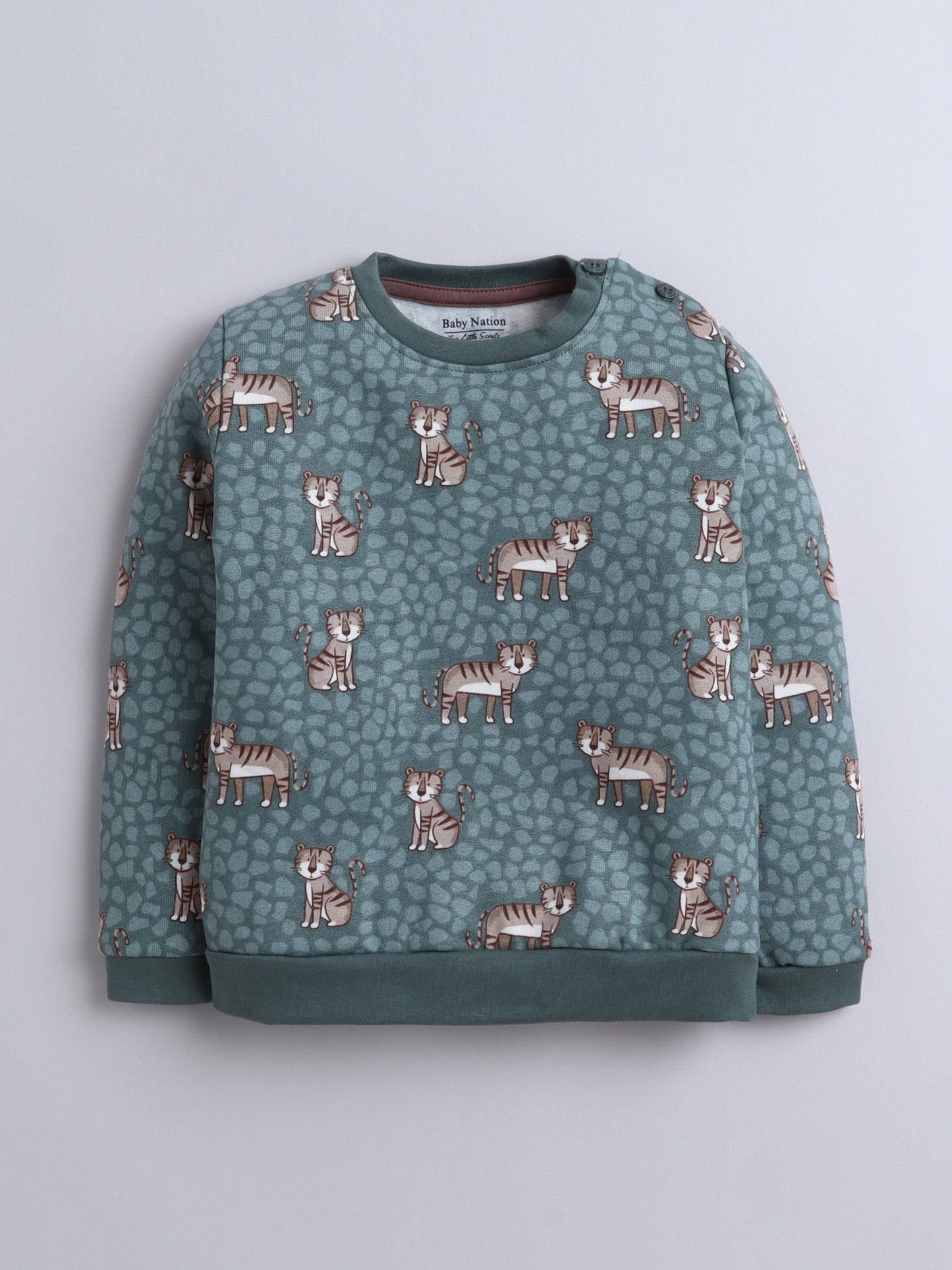 Unisex Kids Sweatshirt – Green with Cute Tiger Print