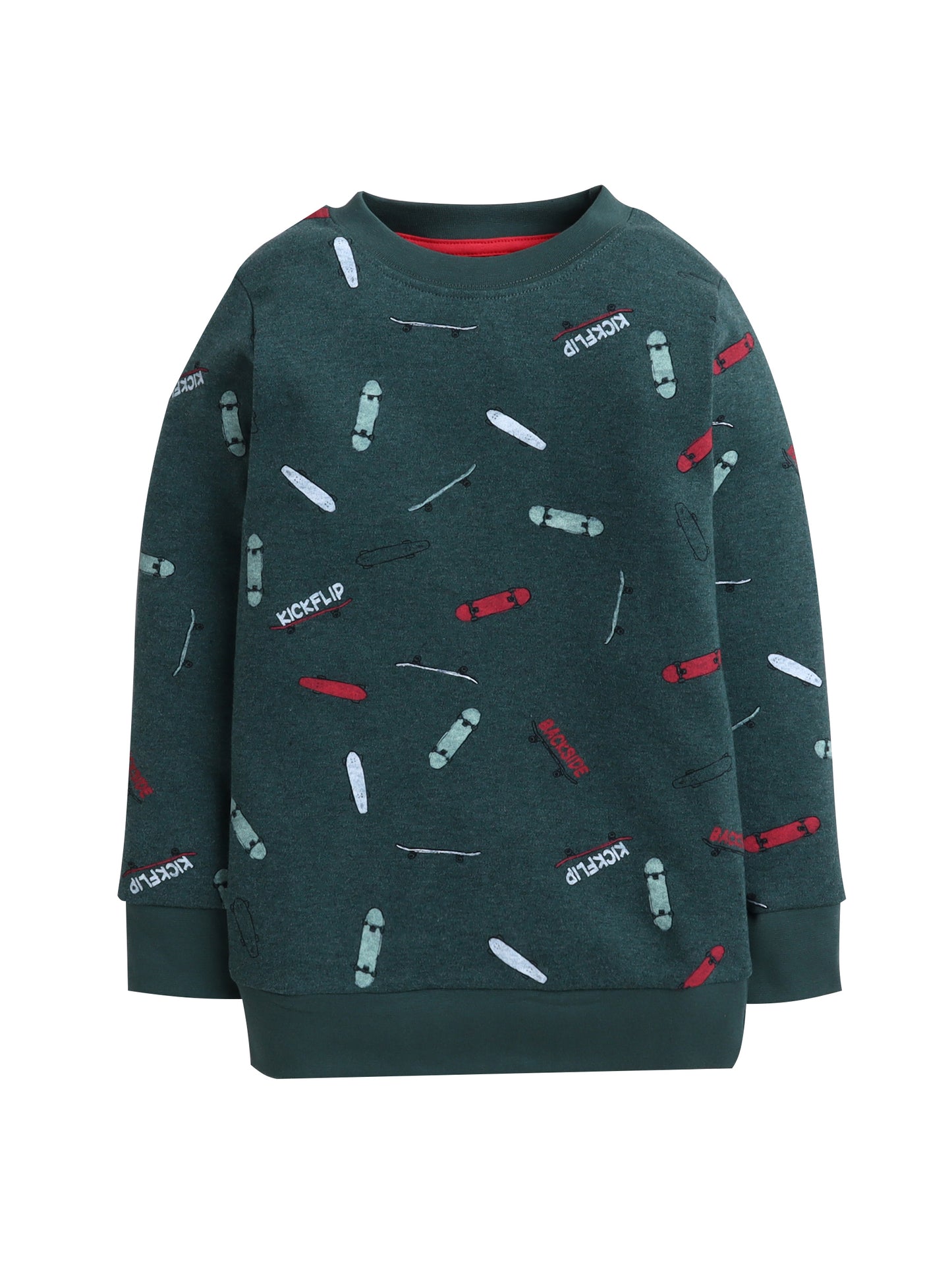 Unisex Kids Sweatshirt – Dark Green with Skateboard Print