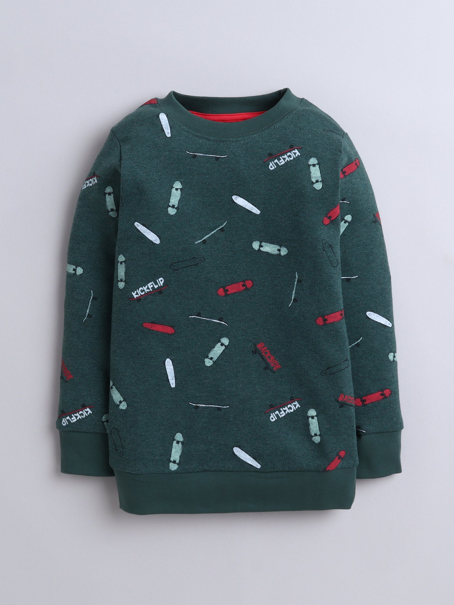 Unisex Kids Sweatshirt – Dark Green with Skateboard Print