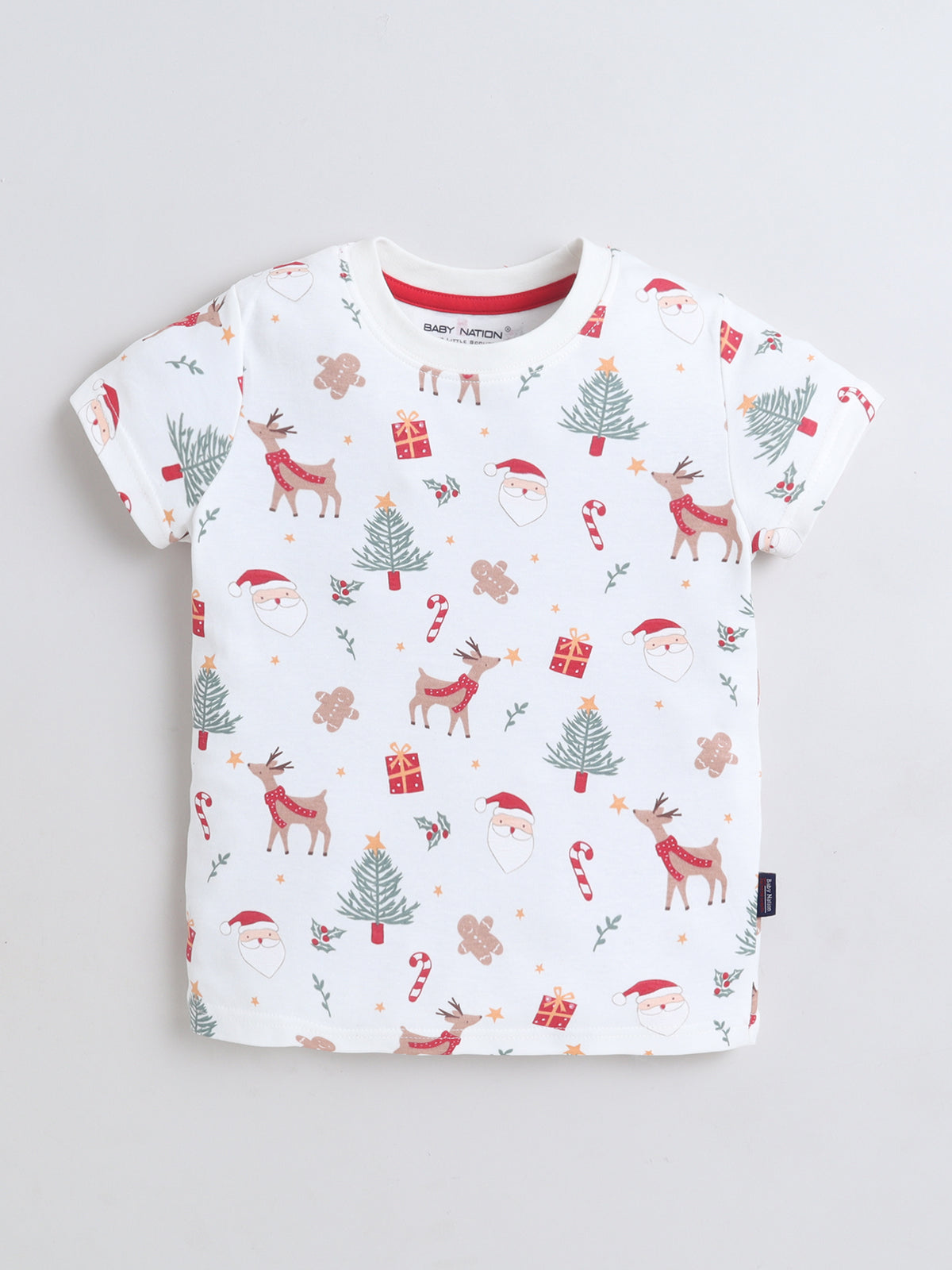 Baby Nation Cotton Knit Half Sleeves Printed T-Shirt - White Christmas