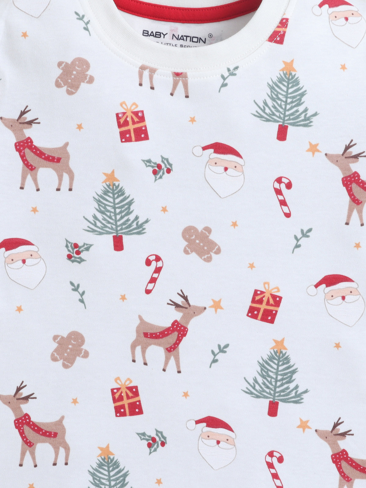 Baby Nation Cotton Knit Half Sleeves Printed T-Shirt - White Christmas