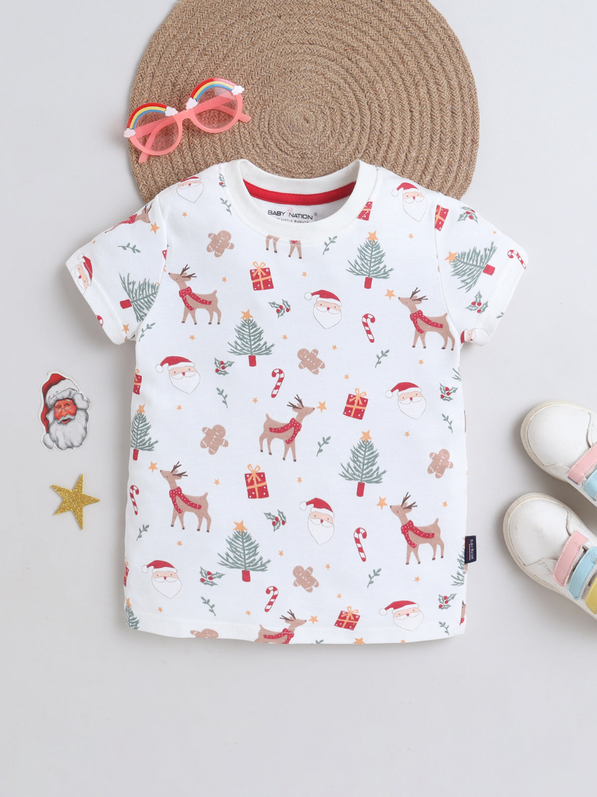 Baby Nation Cotton Knit Half Sleeves Printed T-Shirt - White Christmas