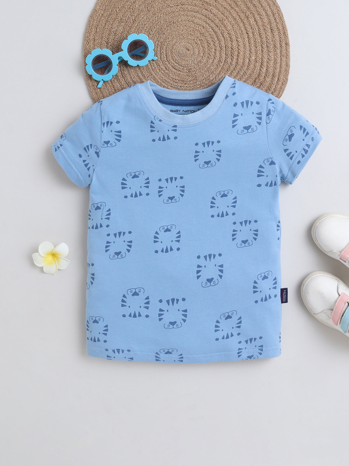 Baby Nation Cotton Knit Half Sleeves with Tiger Face Print T-Shirt - Blue