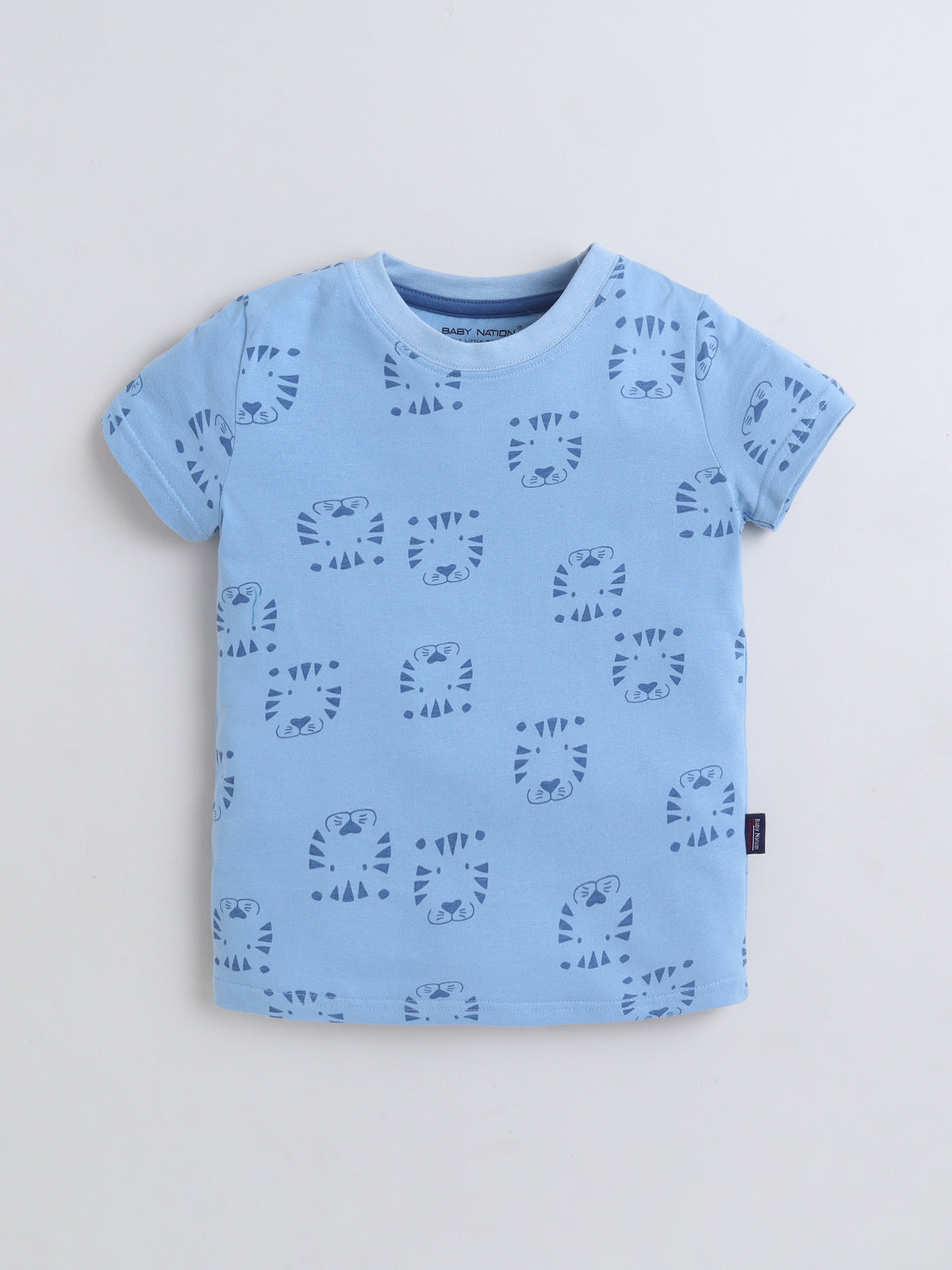 Baby Nation Cotton Knit Half Sleeves with Tiger Face Print T-Shirt - Blue