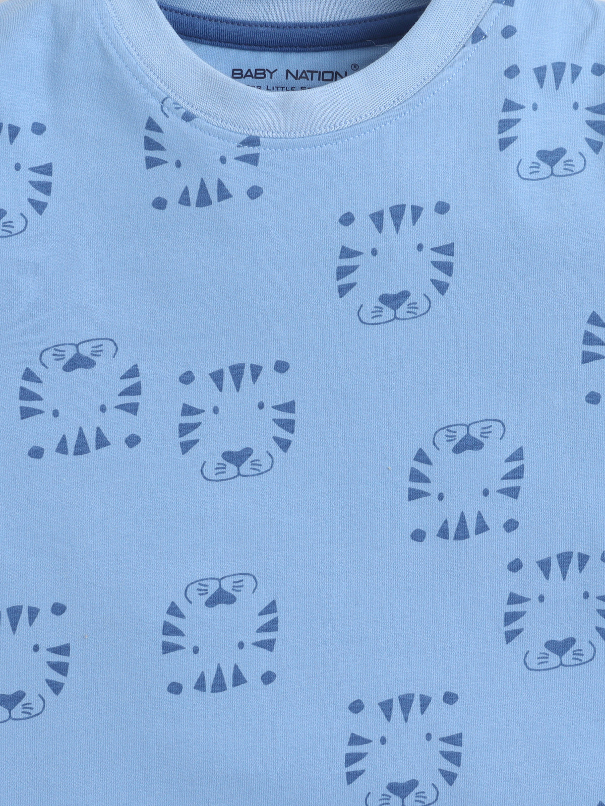 Baby Nation Cotton Knit Half Sleeves with Tiger Face Print T-Shirt - Blue