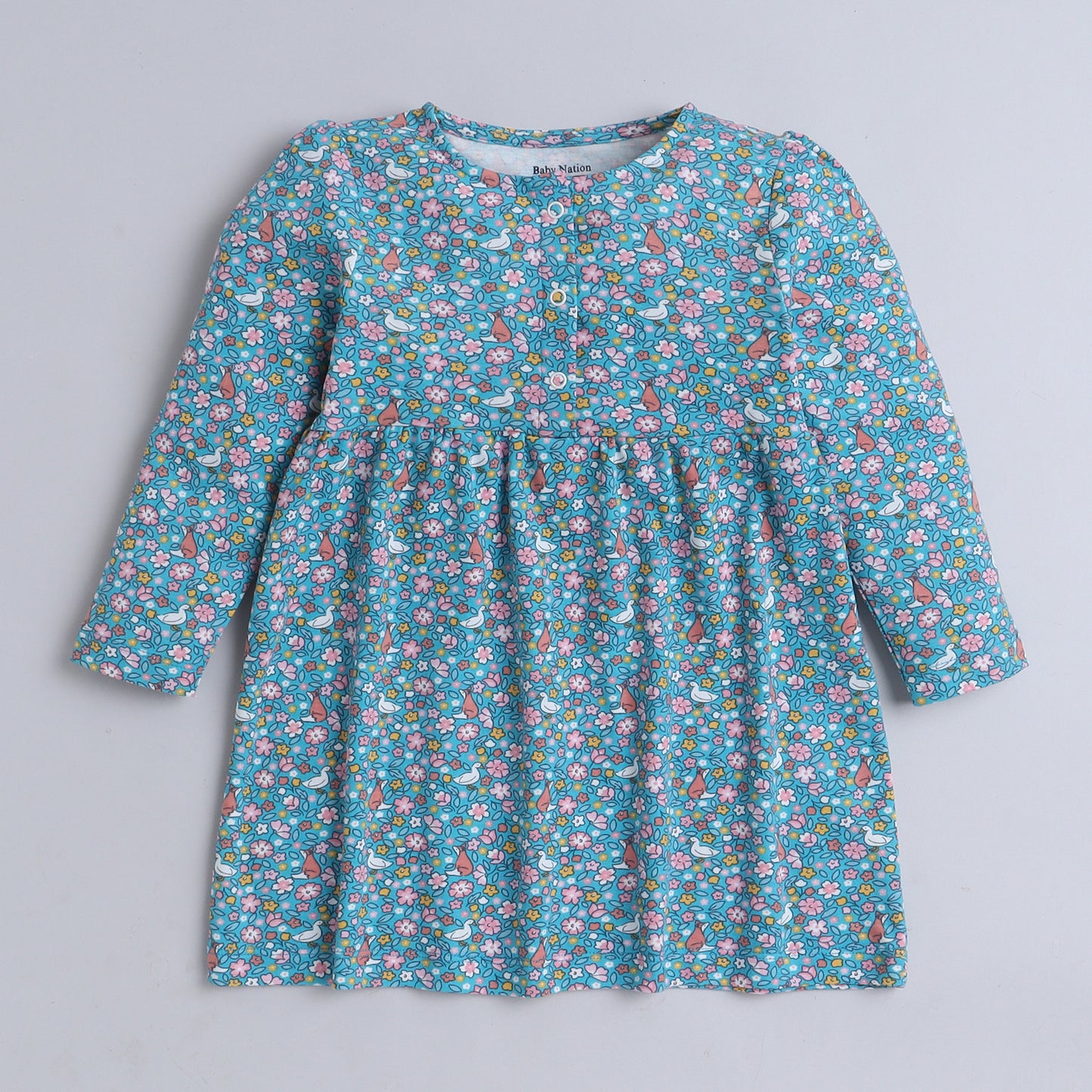 Girls Blue Floral Print Frock with Fox & Bird Design