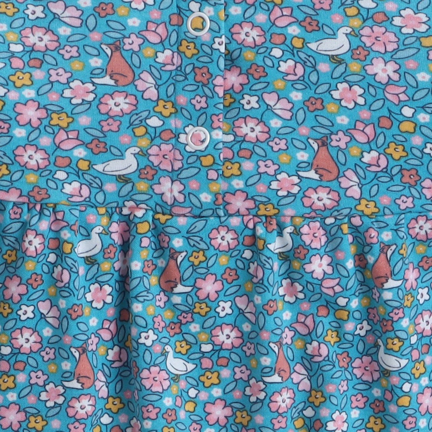 Girls Blue Floral Print Frock with Fox & Bird Design