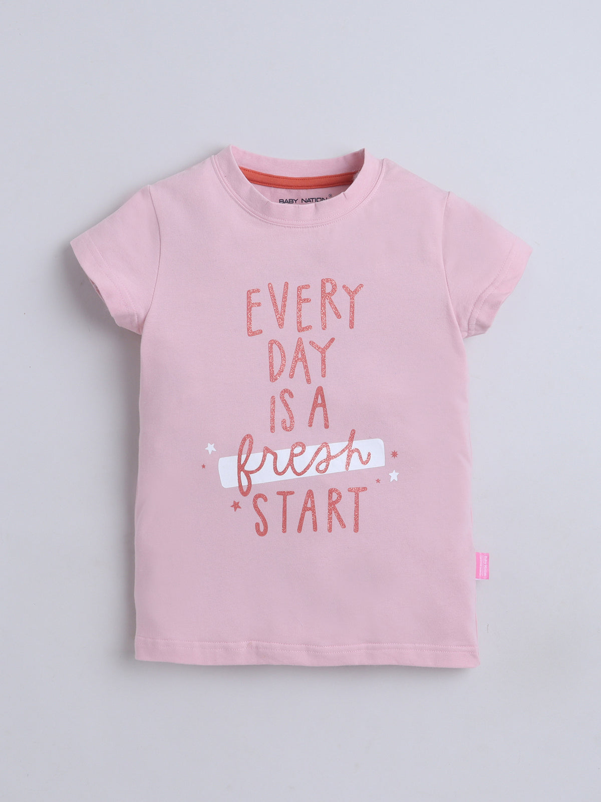 Baby Nation Cotton Knit Half Sleeves Printed T-Shirt - Pink Glitter