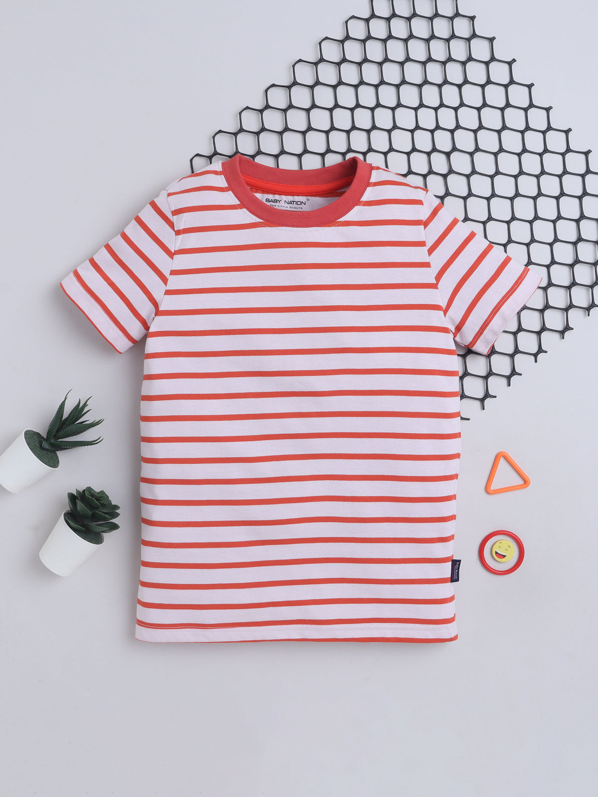 Baby Nation Cotton Knit Half Sleeves Printed T-Shirt - Dark Orange Stripes