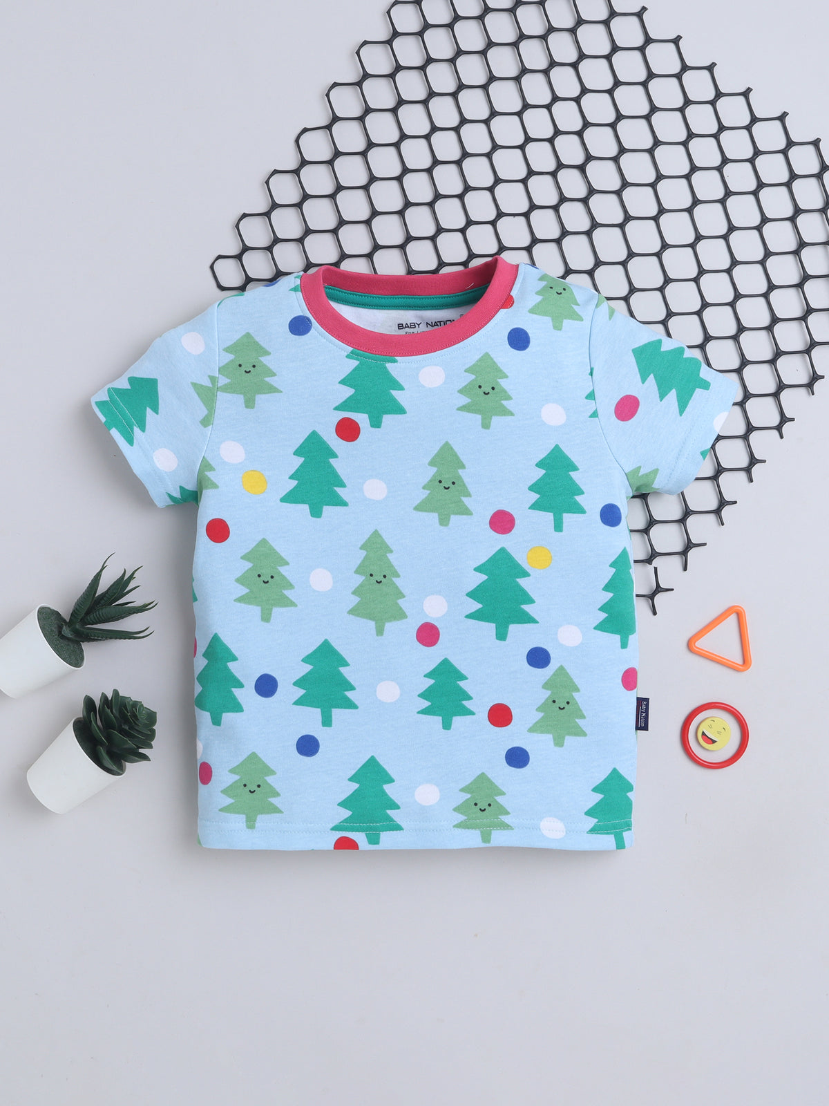 Baby Nation Cotton Knit Half Sleeves Printed T-Shirt - Blue Christmas Tree