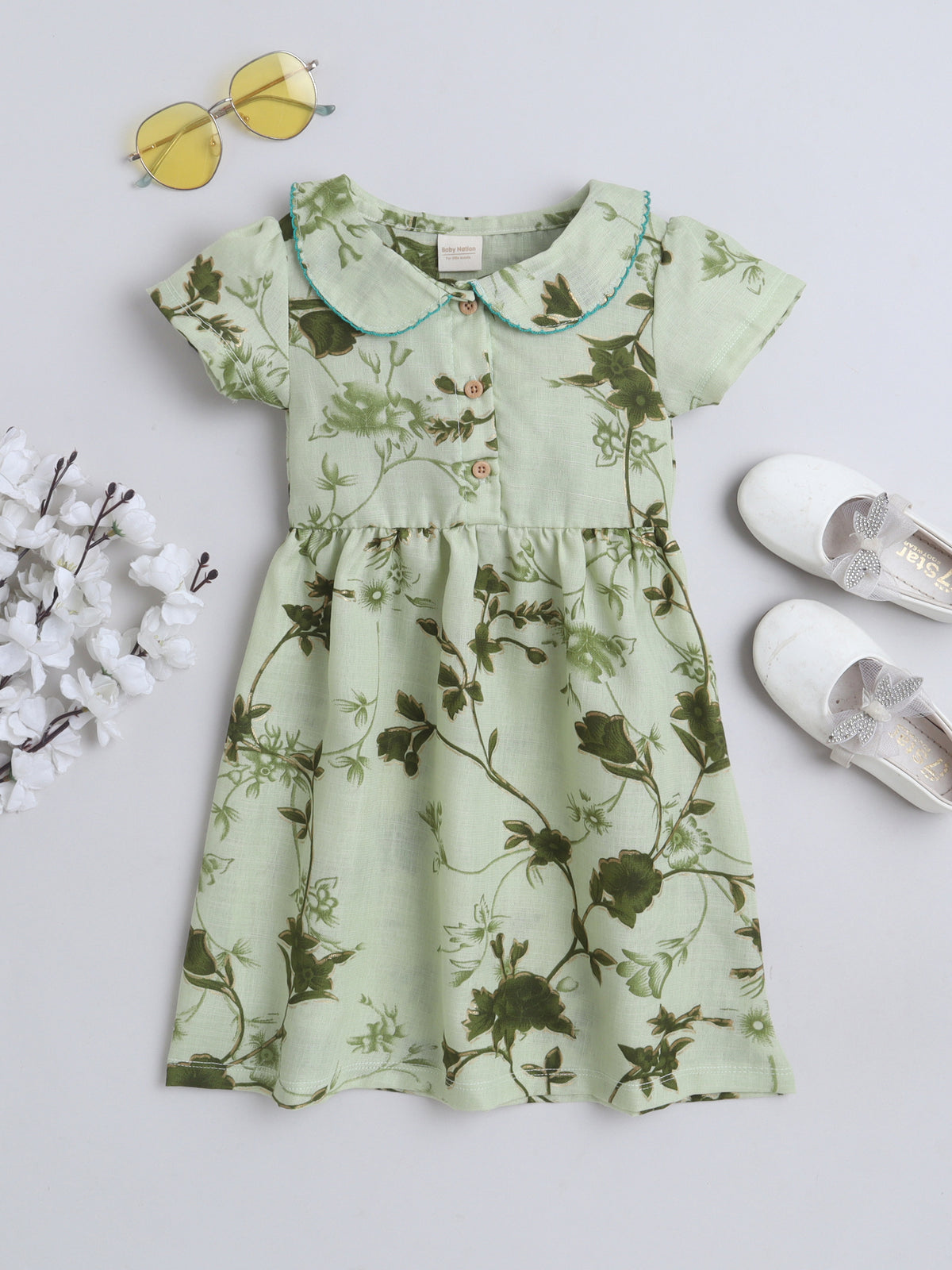 Girls Polycotton Frock - Peterpan Collar Green