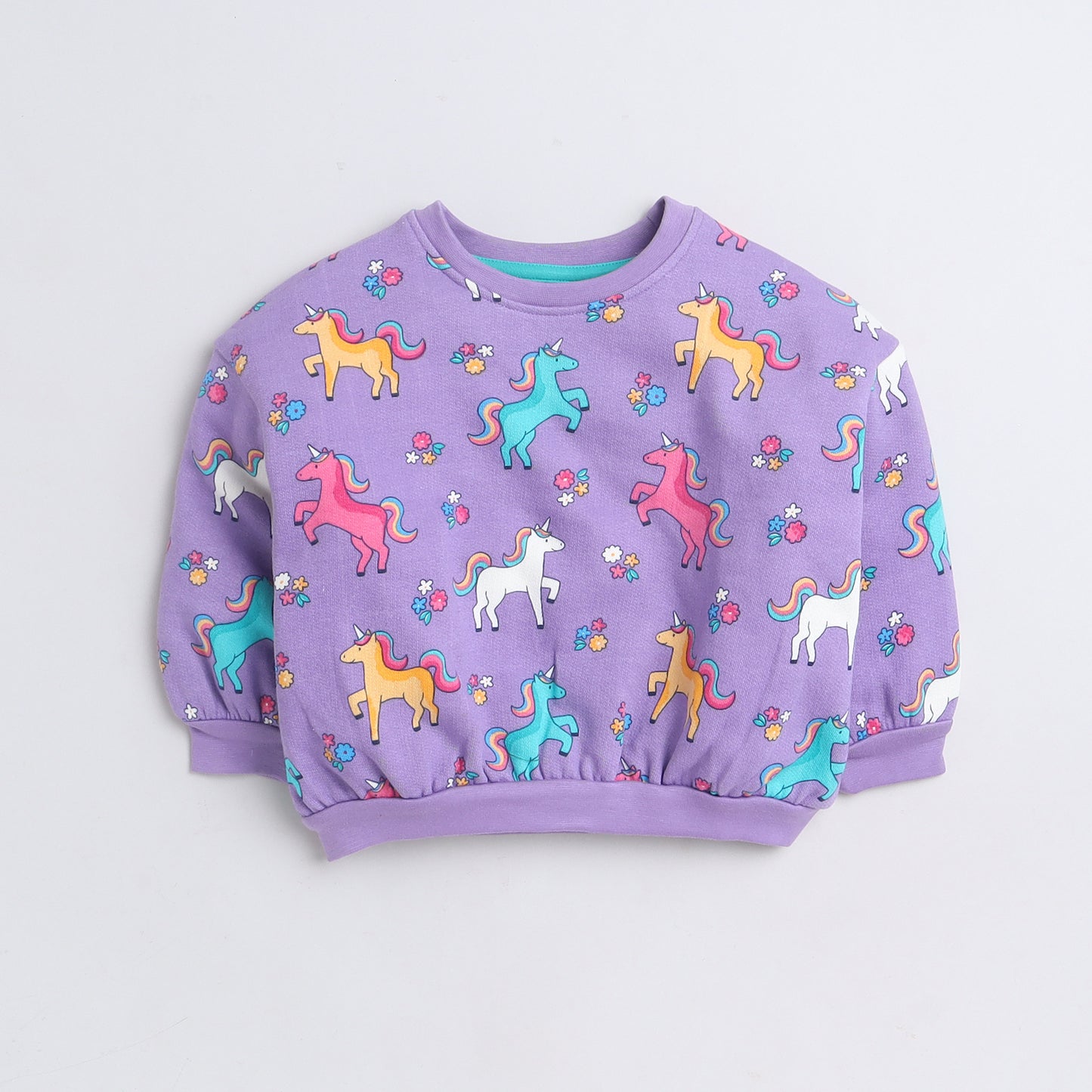 Girls Sweatshirt – Lavender with Colorful Unicorn Print