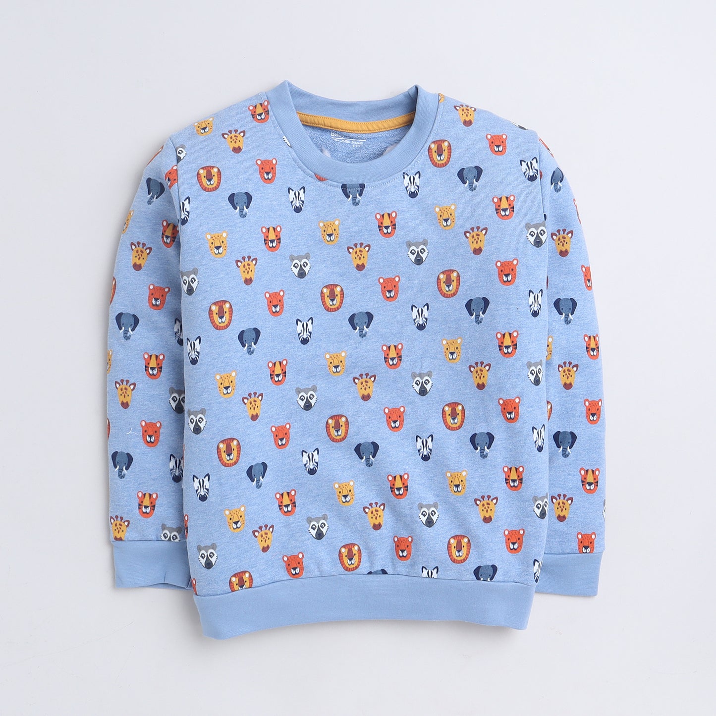 Unisex Kids Sweatshirt – Sky Blue with Cute Animal Faces Print