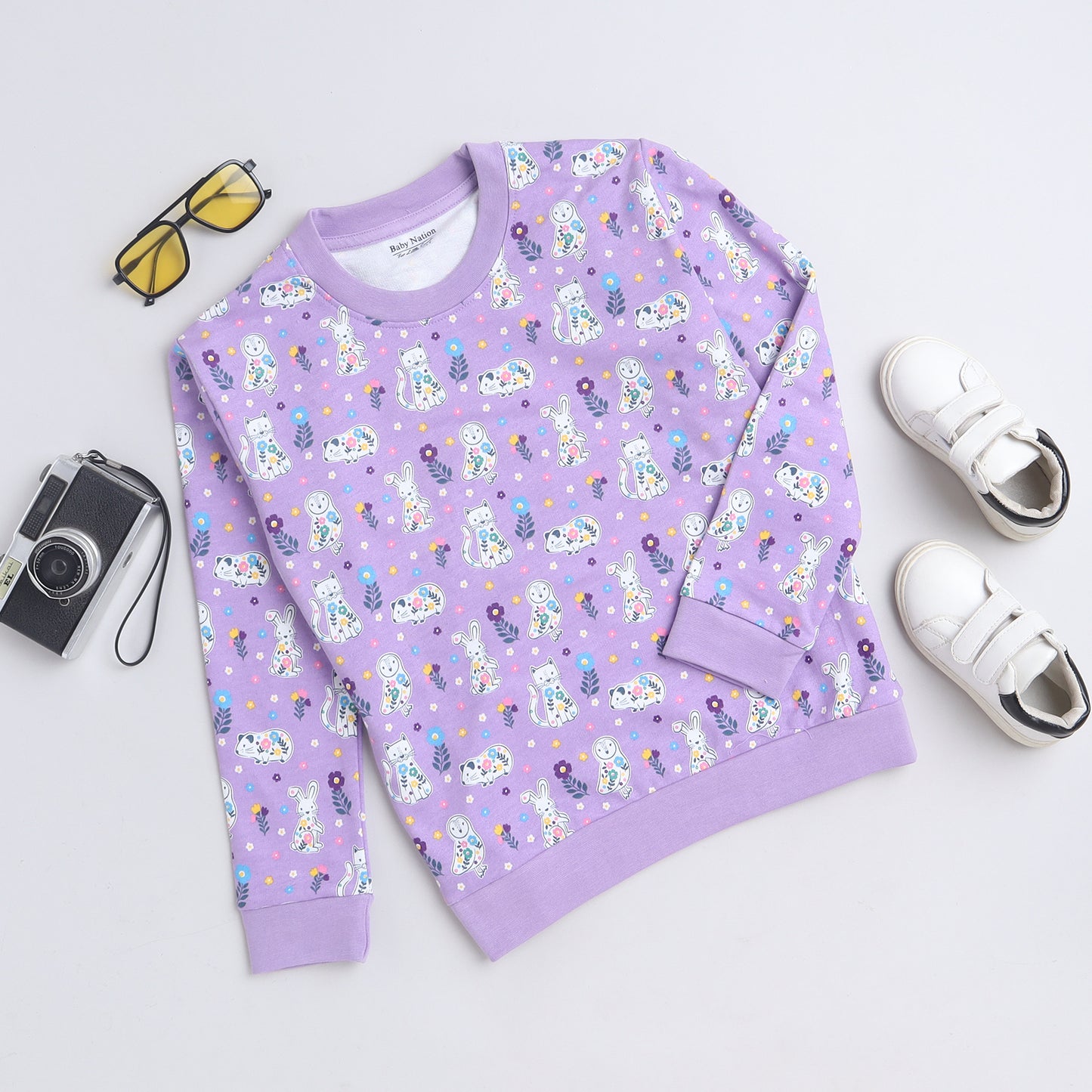 Unisex Kids Sweatshirt – Lavender with Cute Animal Print