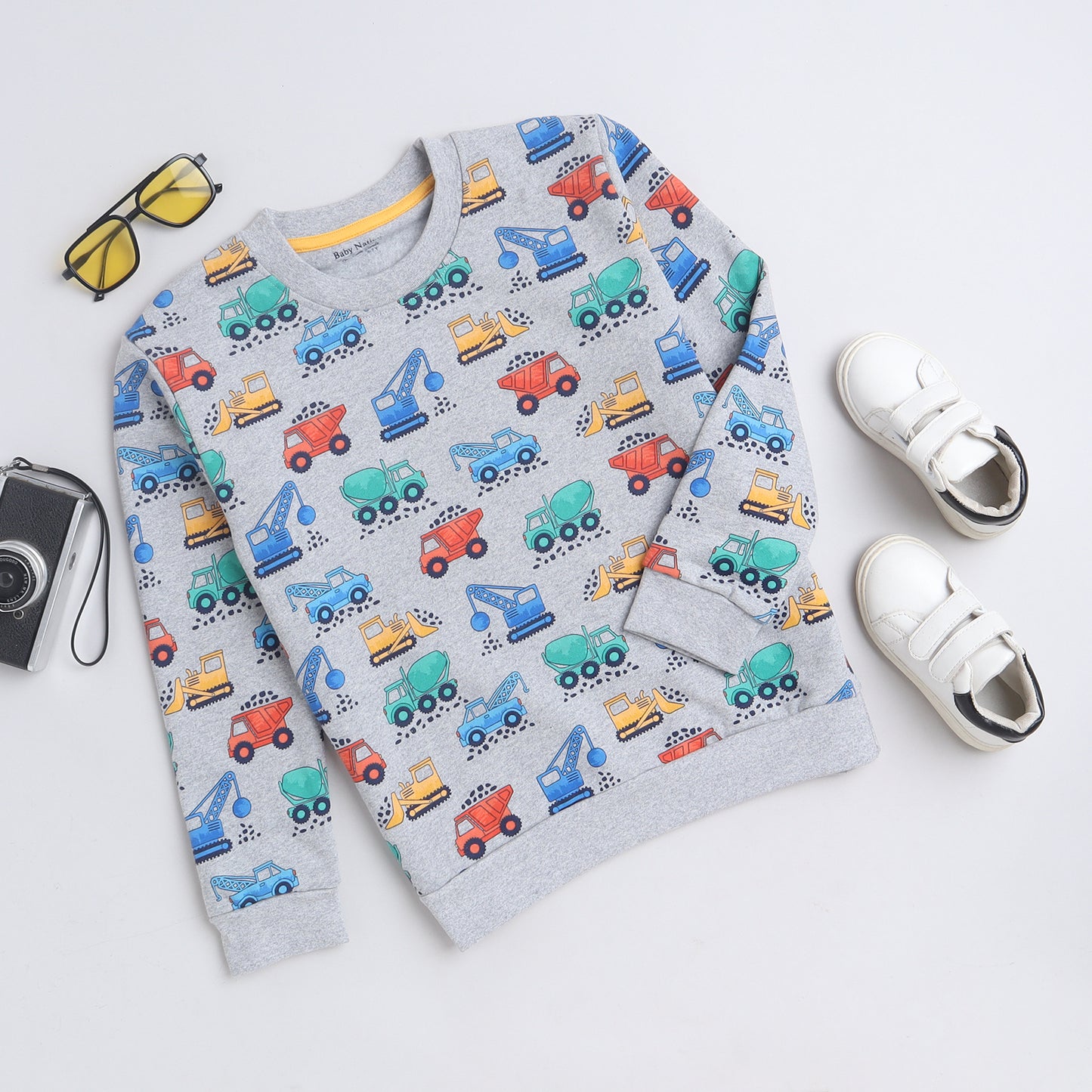 Unisex Kids Sweatshirt – Grey with Colorful Vehicle Print