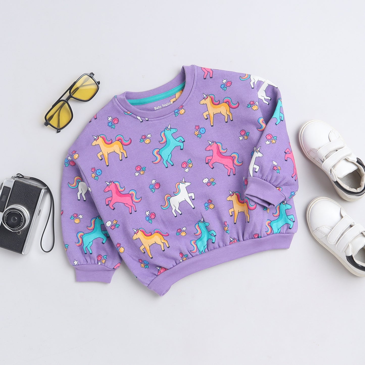 Girls Sweatshirt – Lavender with Colorful Unicorn Print