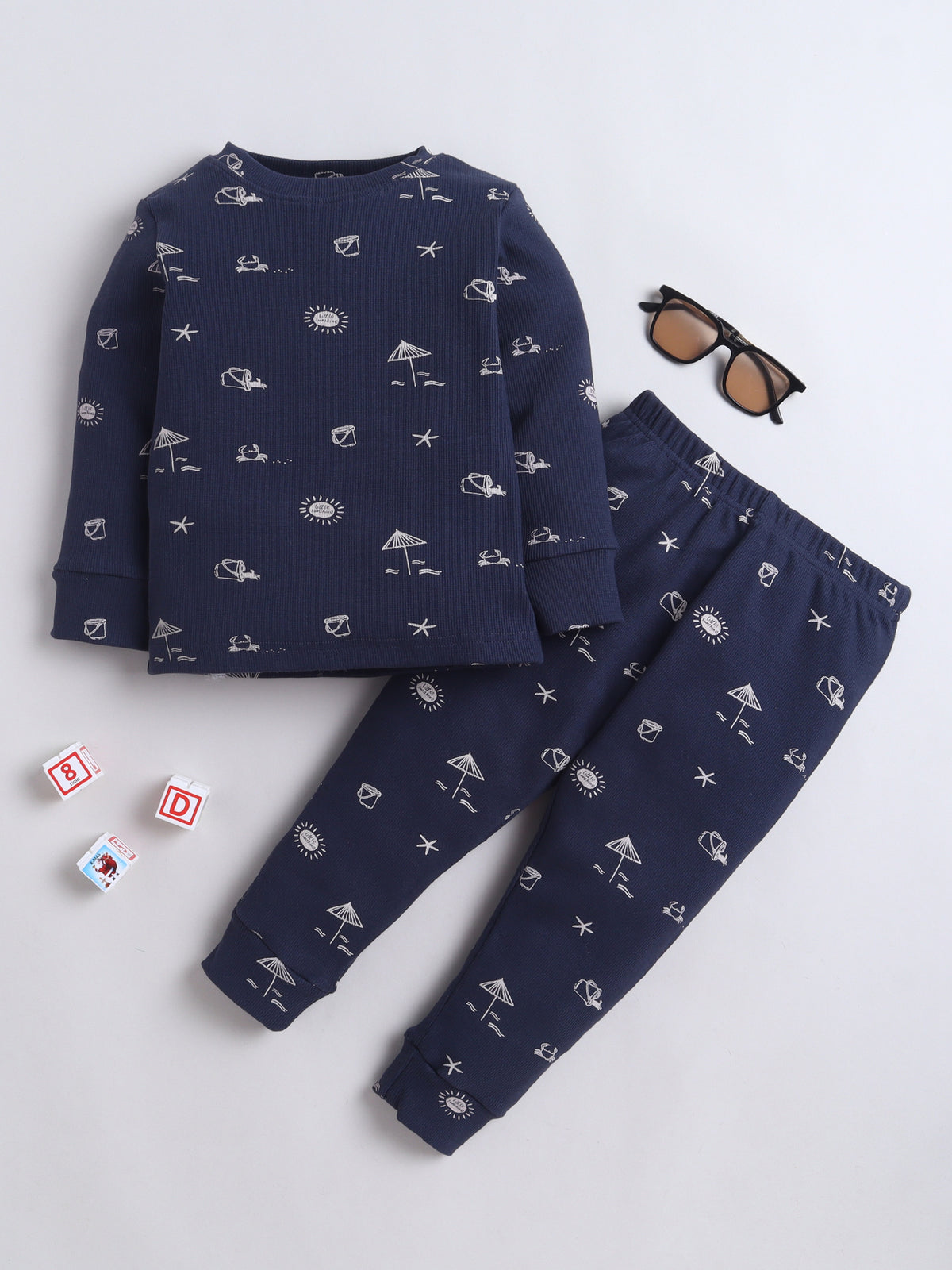 Baby Nation Kids Printed Cotton Night Suit Set - Navy Sea AOP