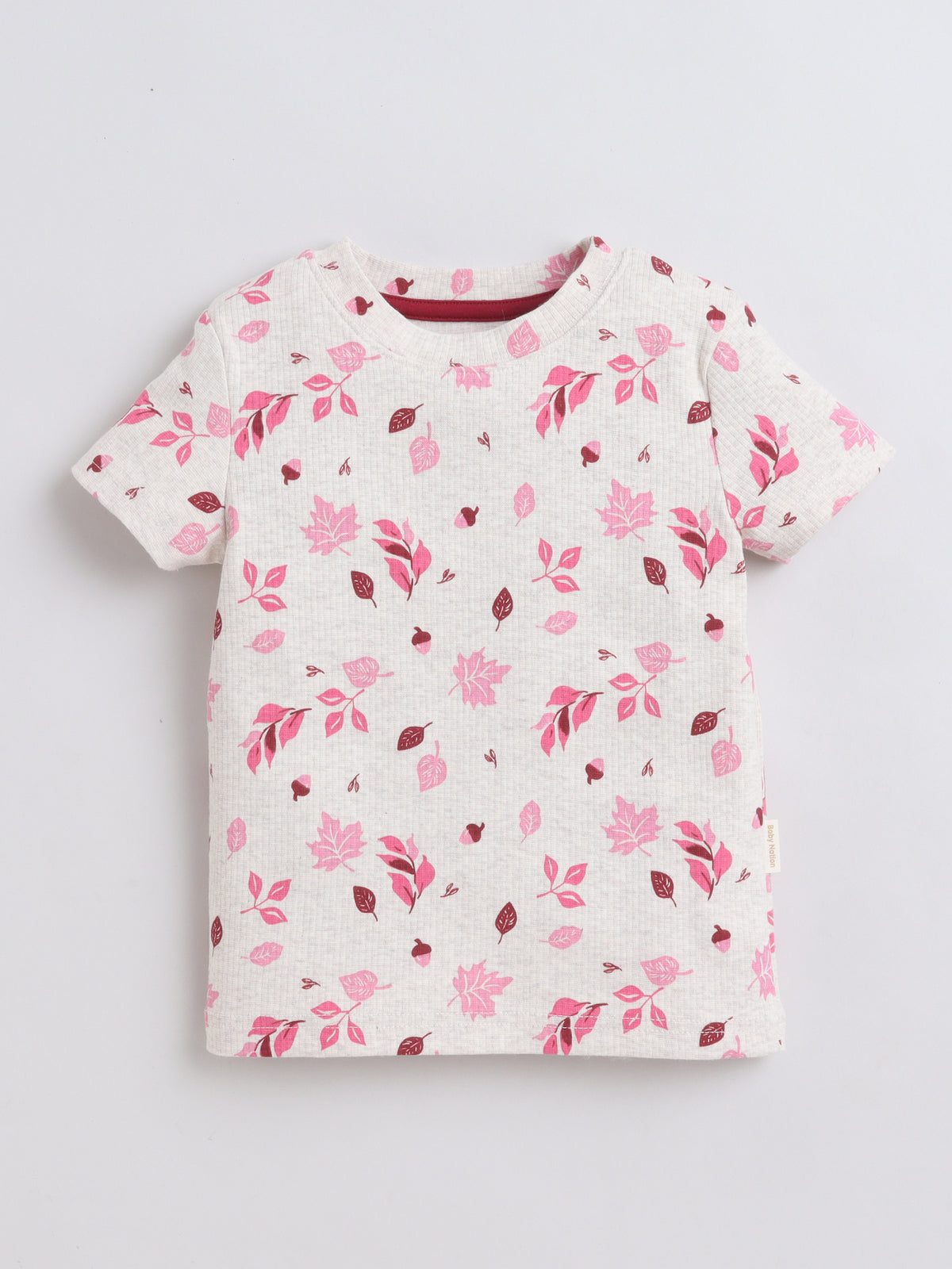 Baby Nation Cotton Knit Half Sleeves Leaf Printed T-Shirt - Cream