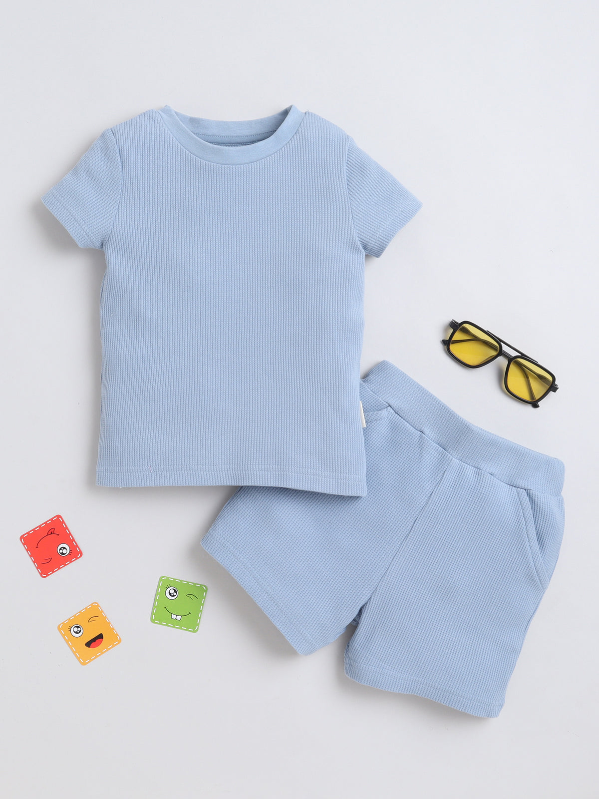 Baby Nation Cotton Knit Half Sleeves Blue Waffle Solid Coordinating Shorts Set - Blue