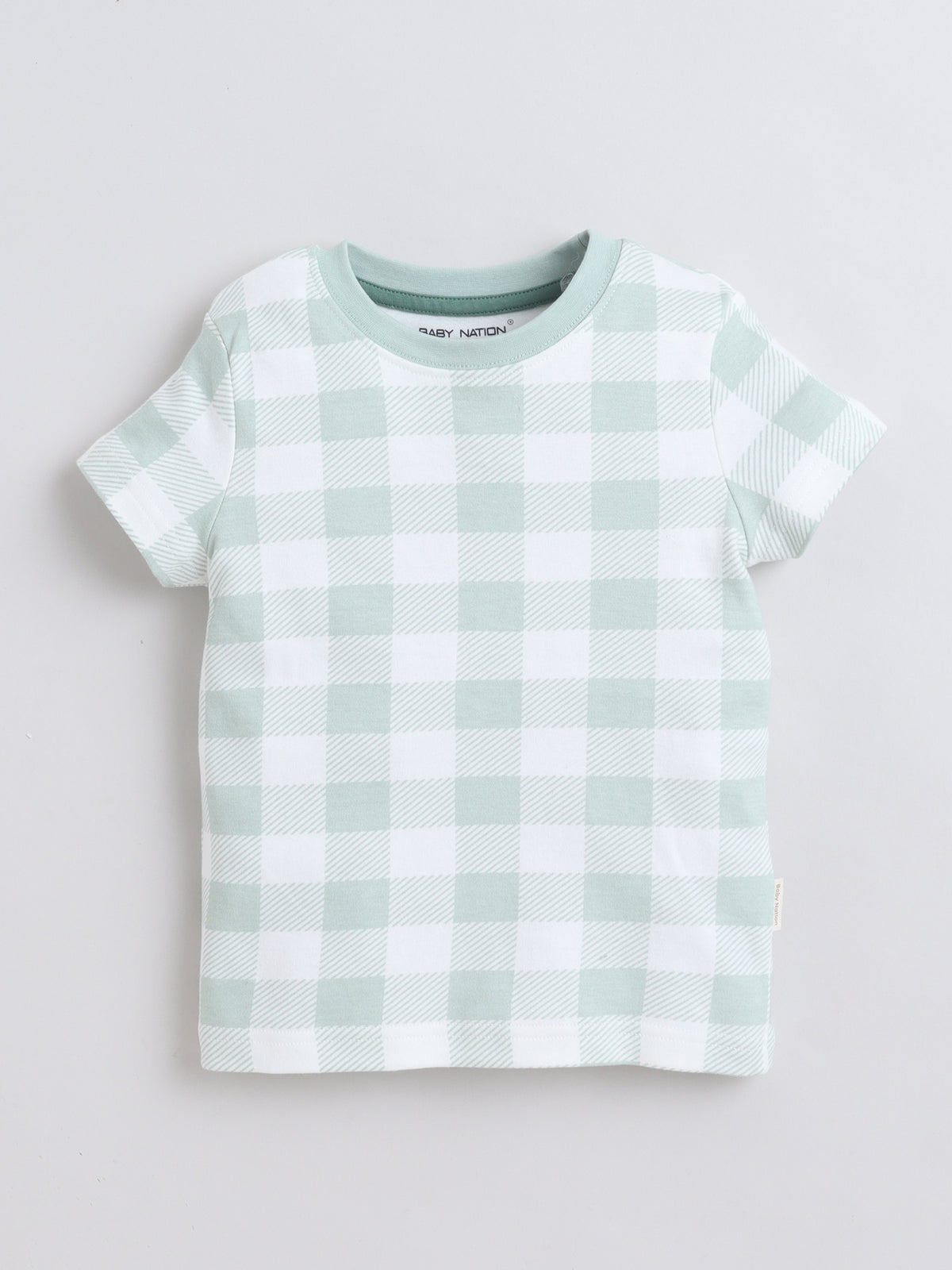 Baby Nation Cotton Knit Half Sleeves Checks Printed Coordinating Shorts Set - Light Grey