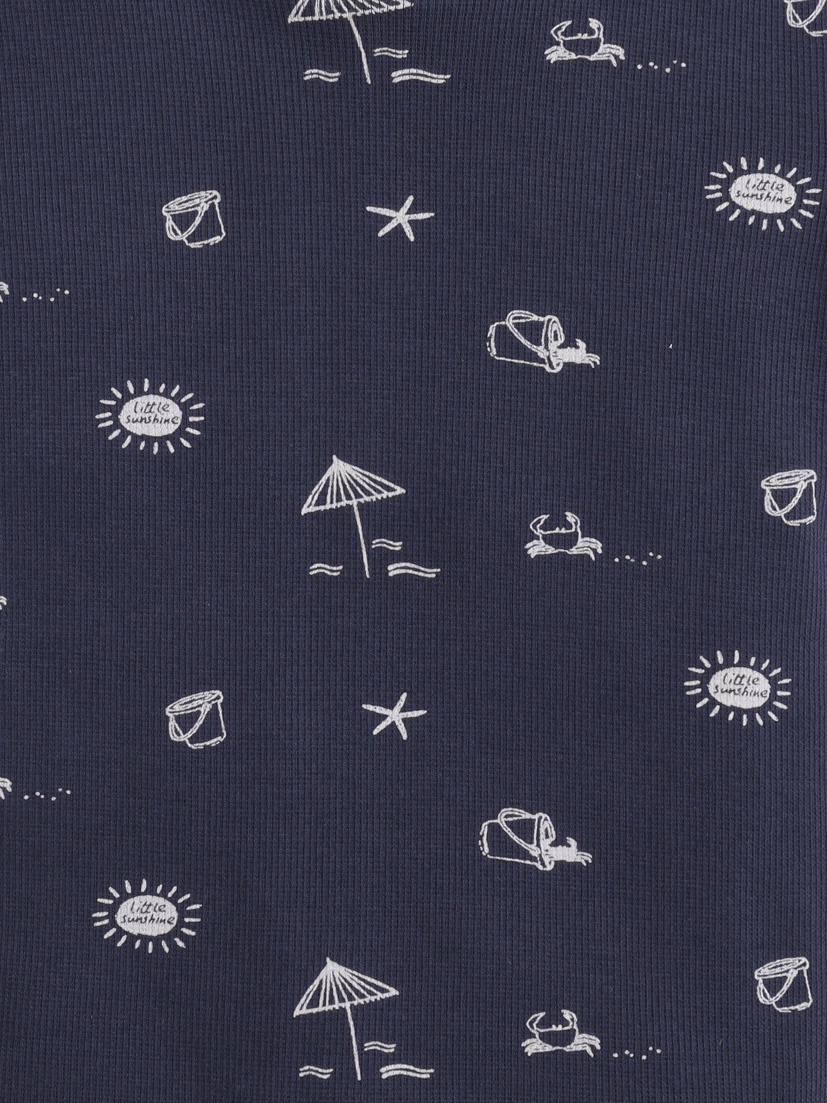 Baby Nation Cotton Knit Half Sleeves Beach Theme Printed Coordinating Shorts Set - Navy