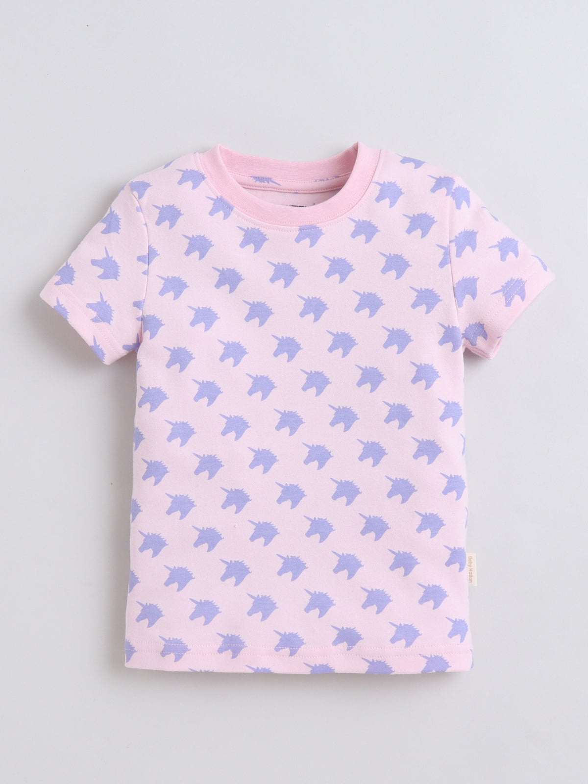Baby Nation Cotton Knit Half Sleeves Unicorn Printed Coordinating Shorts Set - Baby Pink