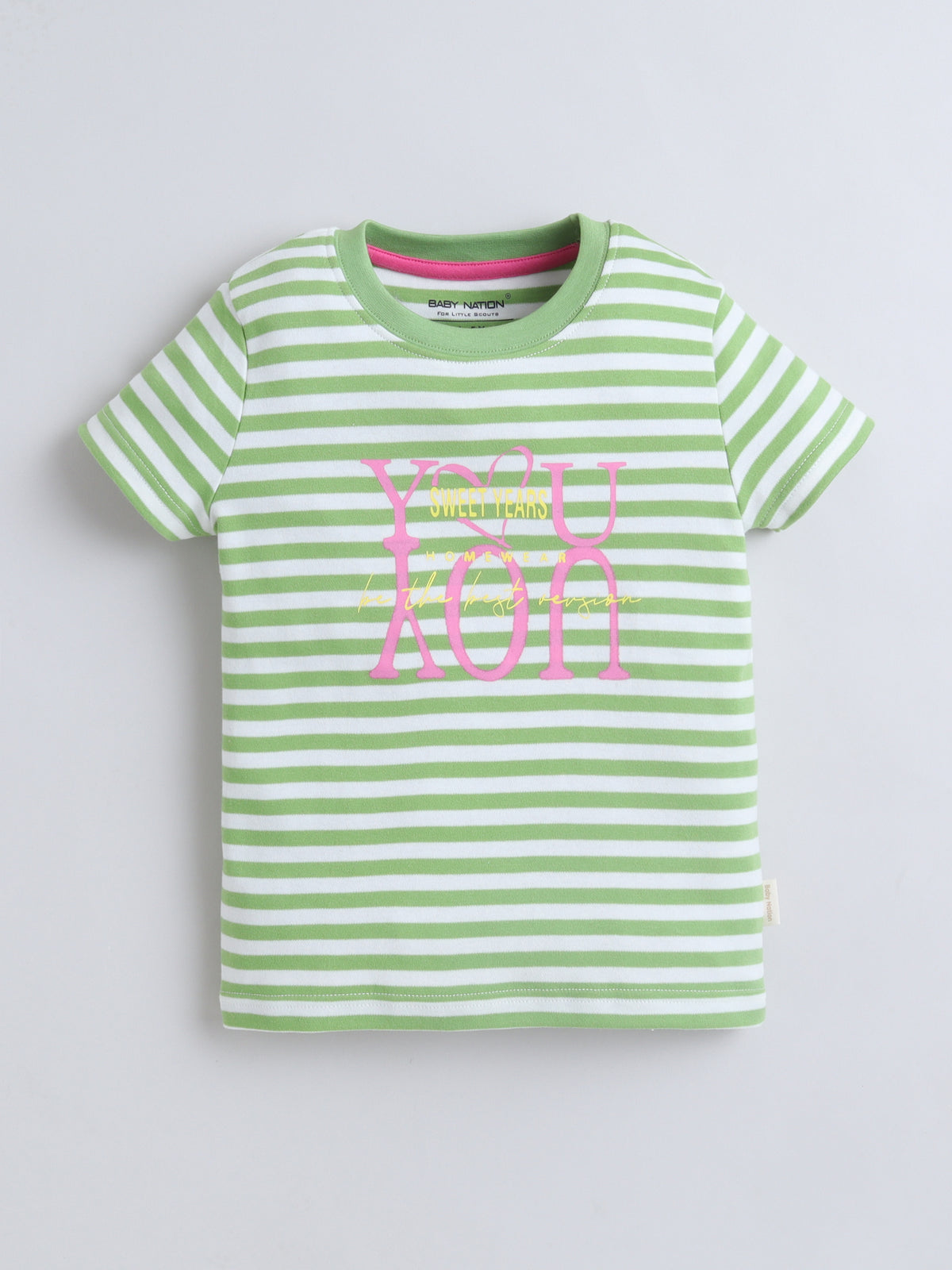 Baby Nation Kids Green Stripe Co-Ord Set | Graphic Printed Top with Shorts