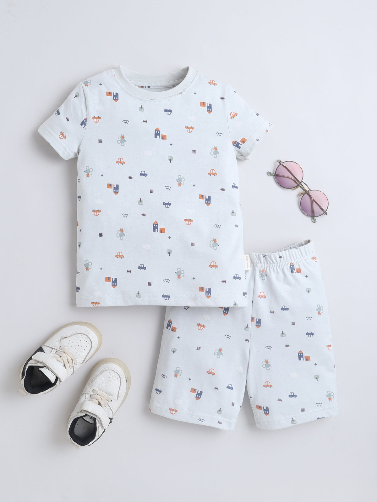 Baby Nation Boys White Printed T-Shirt and Shorts Set | Kids Cotton Co-ord Set with Vehicle Print
