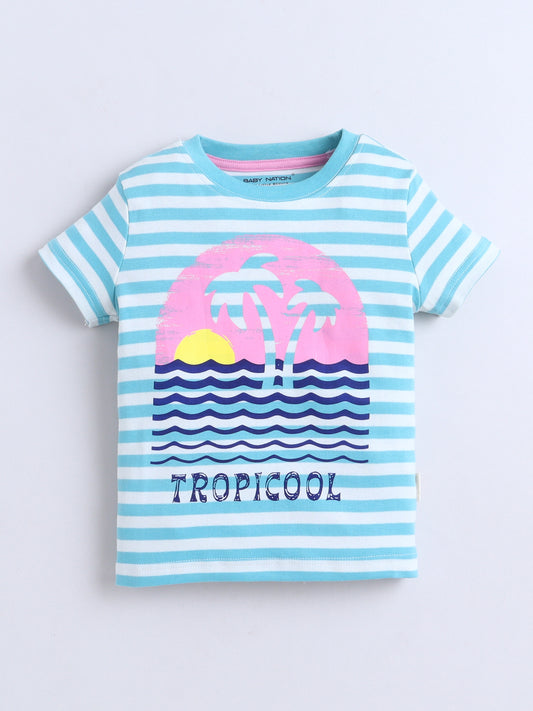 Baby Nation Cotton Knit Half Sleeves Printed T-Shirt - Blue Striped