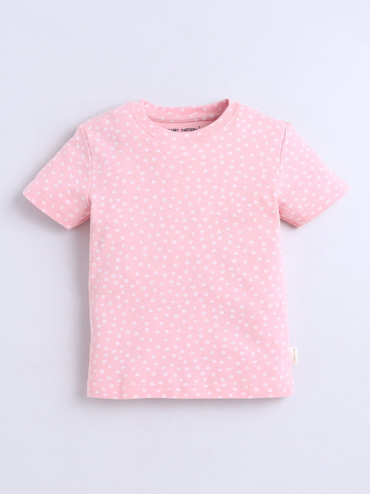 Baby Nation Cotton Knit Half Sleeves Printed T-Shirt - Pink Flower AOP