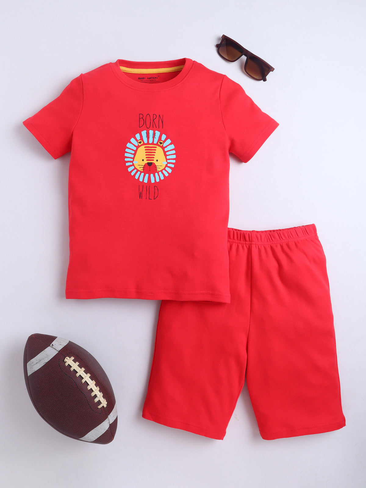 Baby Nation Cotton Knit Half Sleeves Lion Print Coordinating Shorts Set - Red Lion