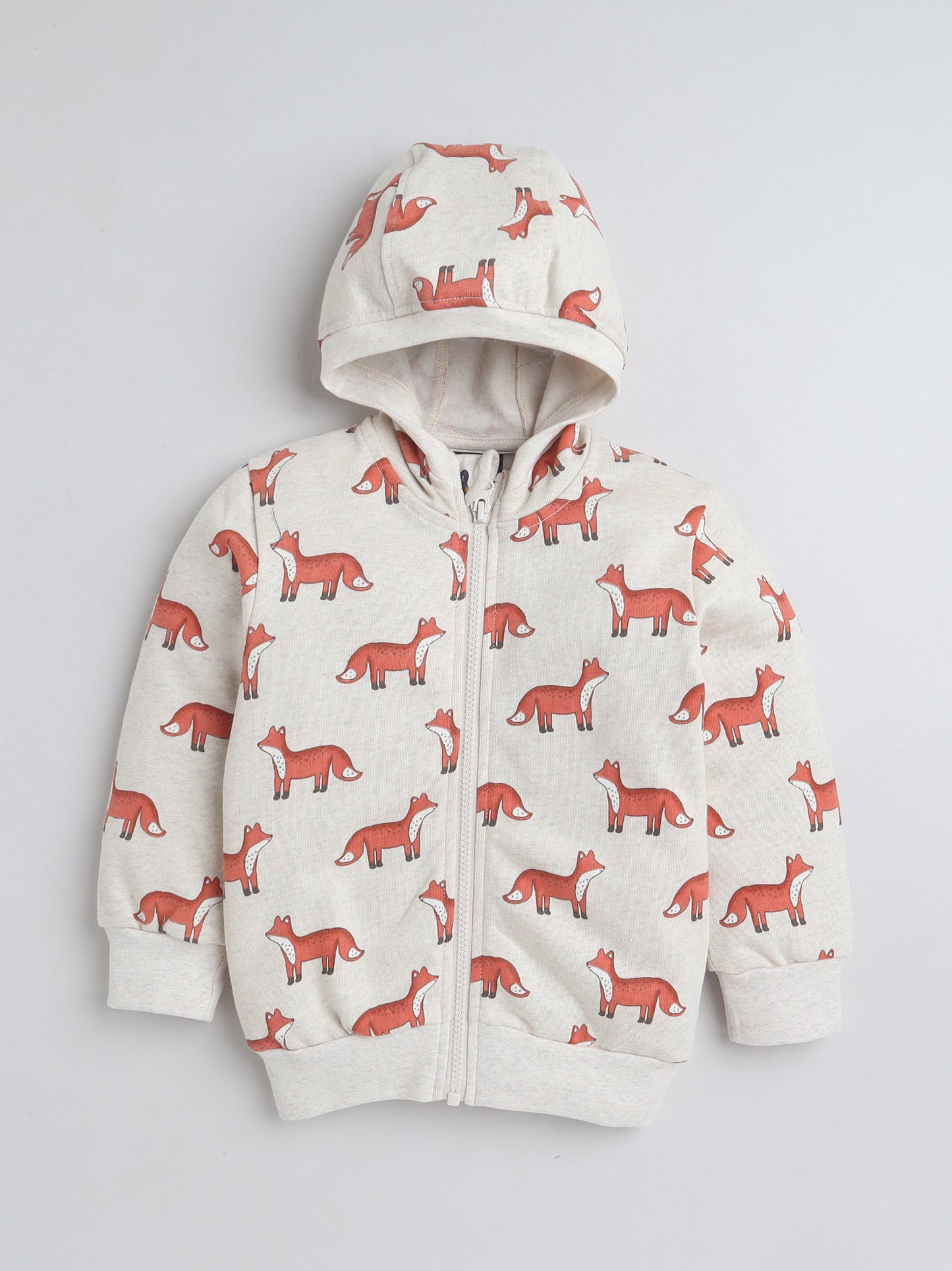 Unisex Kids Fox Print Zipper Hoodie – Beige