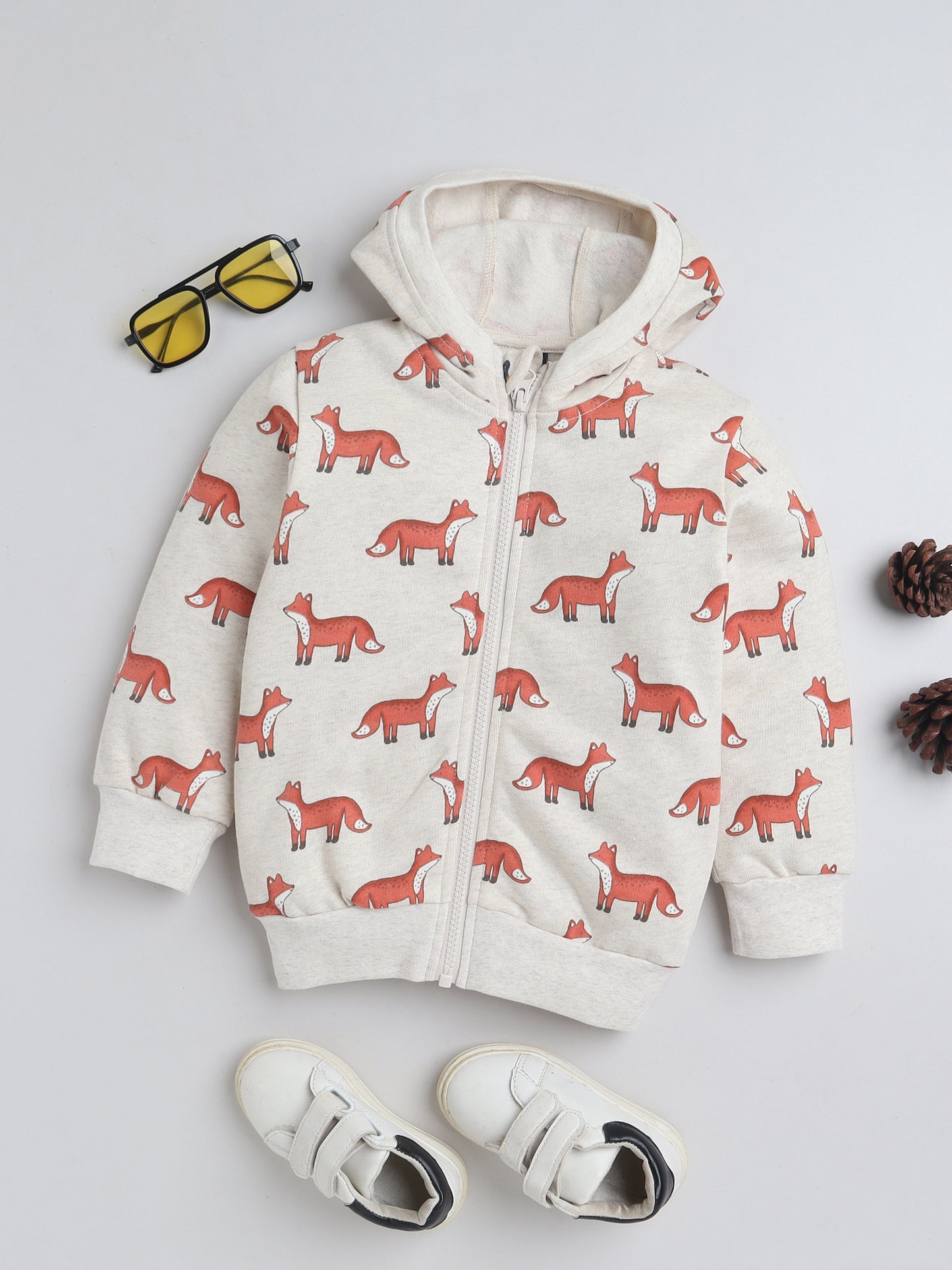 Unisex Kids Fox Print Zipper Hoodie – Beige