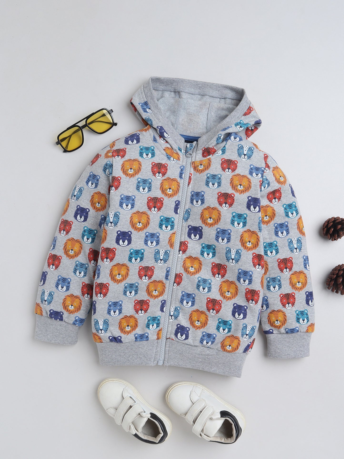 Unisex Kids Animal Print Zipper Hoodie – Grey