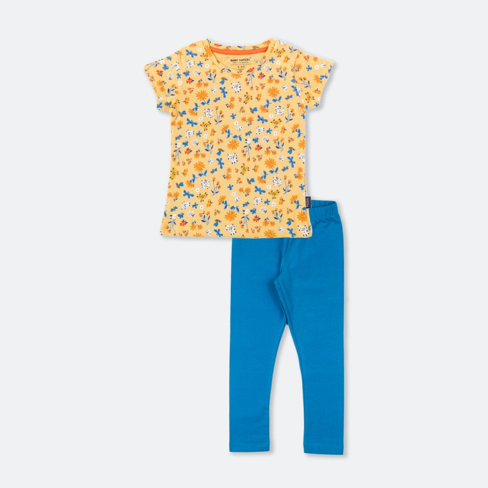 Yellow Floral Printed T-Shirt with Blue Leggings