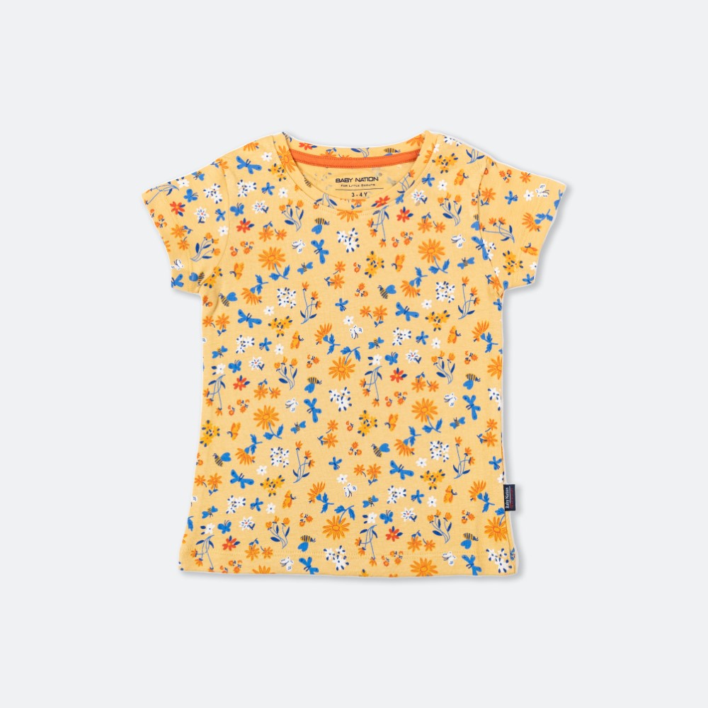 Yellow Floral Printed T-Shirt with Blue Leggings