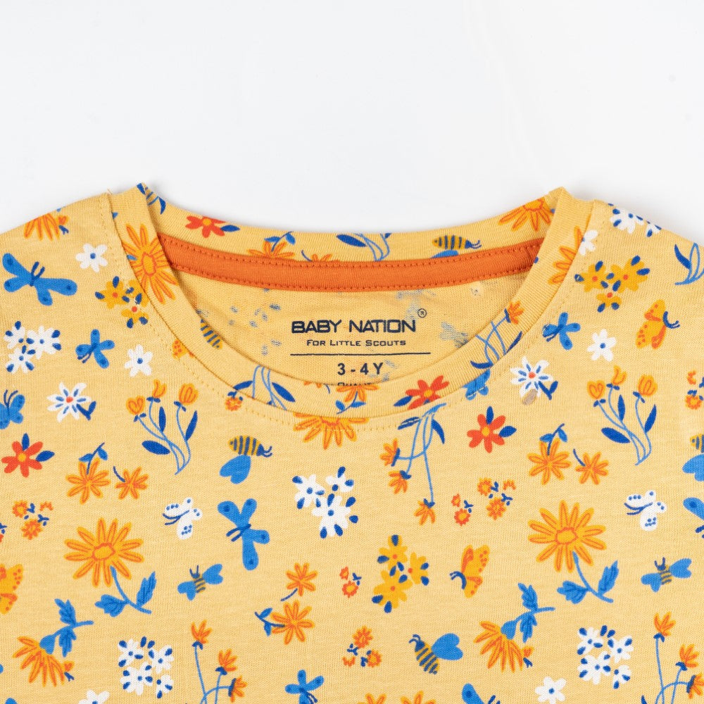 Yellow Floral Printed T-Shirt with Blue Leggings