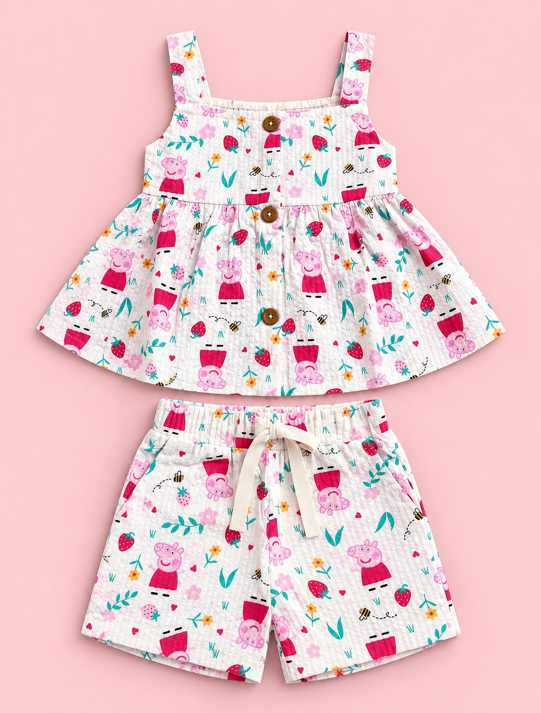 Girls 100% Cotton Striped Peplum Top and Shorts Co-Ord Set - White Peppa Pig