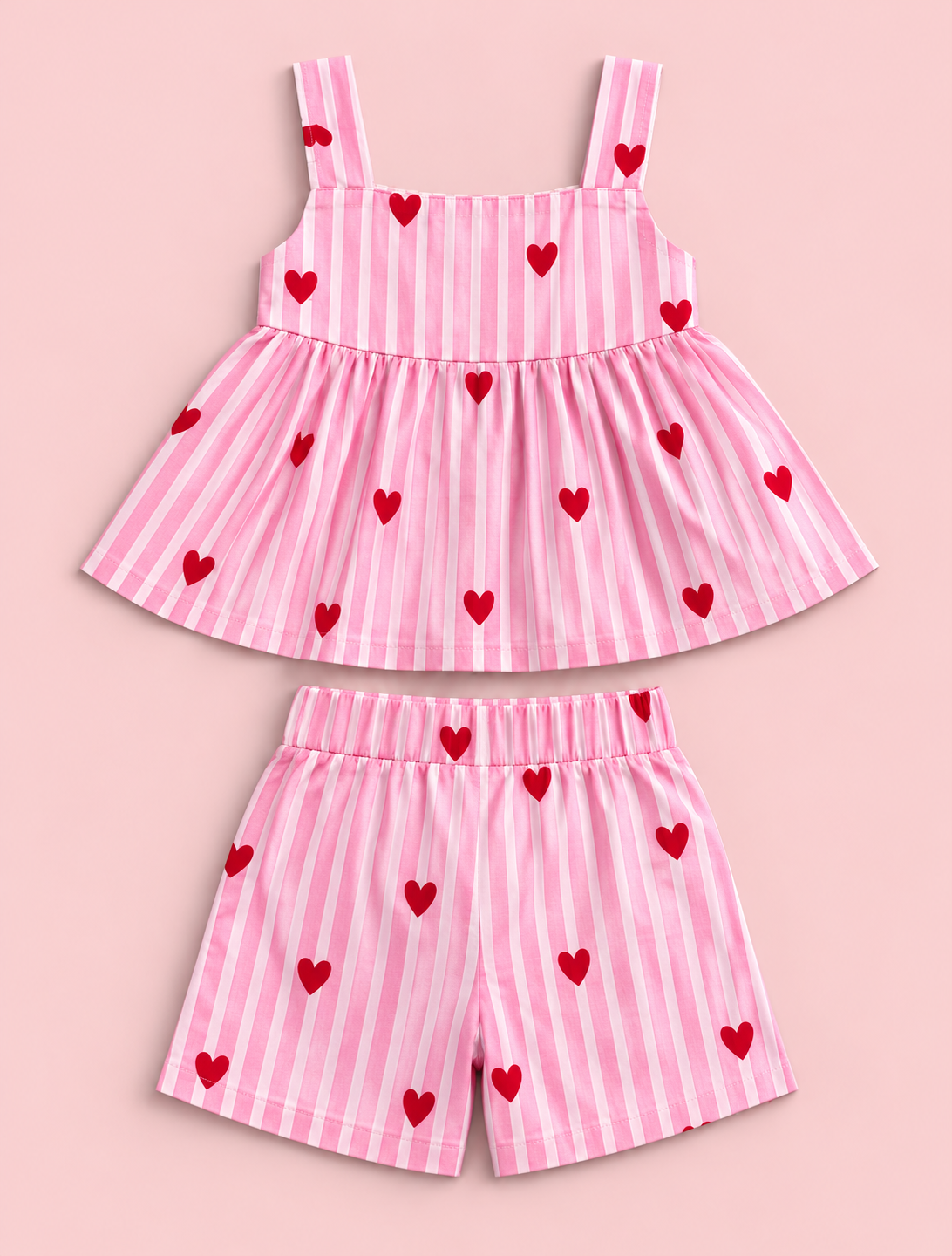 Girls 100% Cotton Striped Peplum Top and Shorts Co-Ord Set -  Pink Heart
