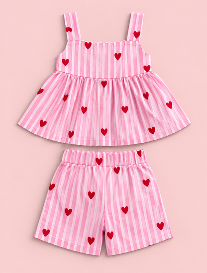 Girls 100% Cotton Striped Peplum Top and Shorts Co-Ord Set -  Pink Heart