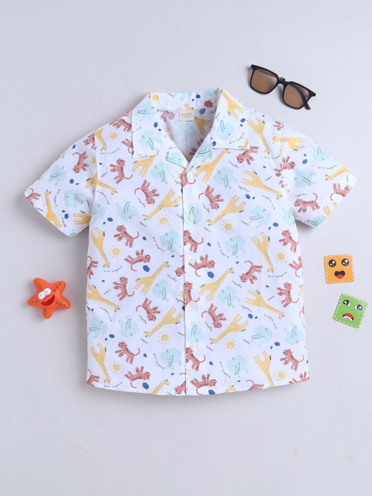 Boys Cotton Printed Shirt - White Animals